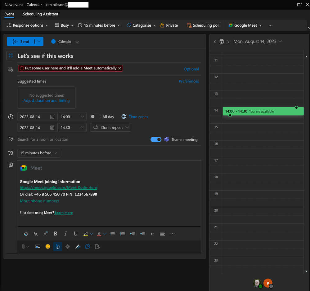 Meet add-in Outlook web